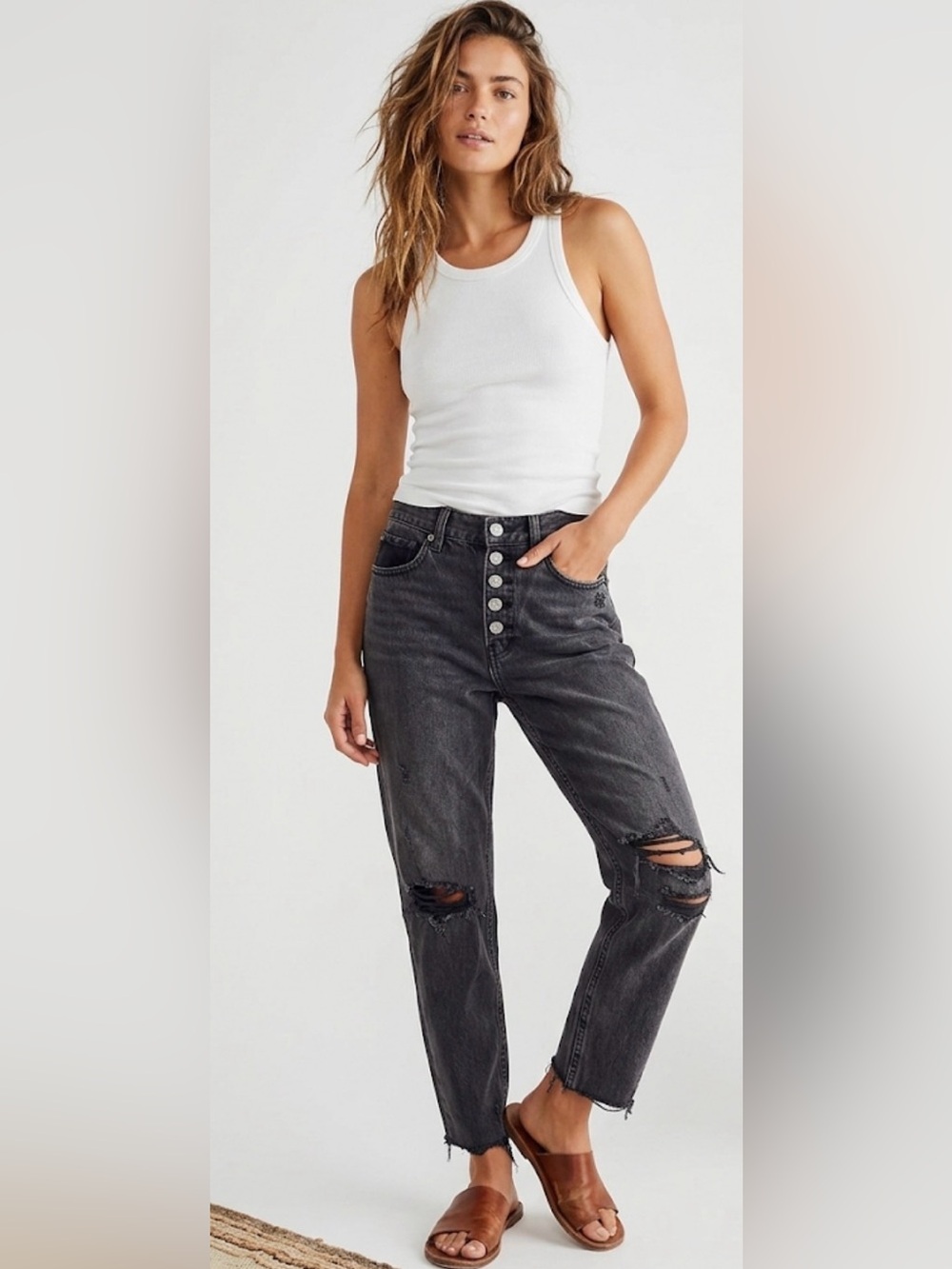 Free People We The Free Maggie Straight Leg Jeans Black Distressed 26